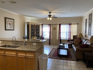 Kick back and relax in our open living room with sleeper sofa and flat screen TV