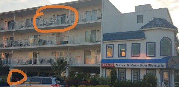 Our Condo on the 4th floor and our under cover, parking spot on ground level.