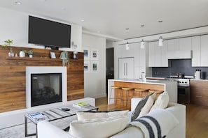 Living and Kitchen area with gas fireplace