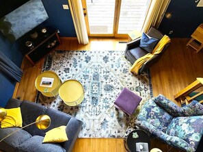 Main living room, looking down from loft.  
