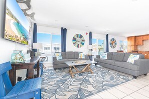 The open floor plan makes for easy group hangouts after a day at the beach.
                