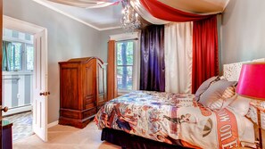 Main Level Bedroom 1: Plush top queen mattress,  Canopy, Overlooking the Stream,