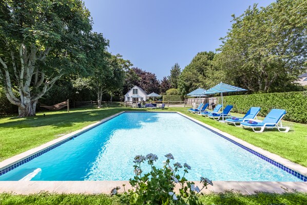 Pool area set into the property.   Very Sunny most of the day and private.