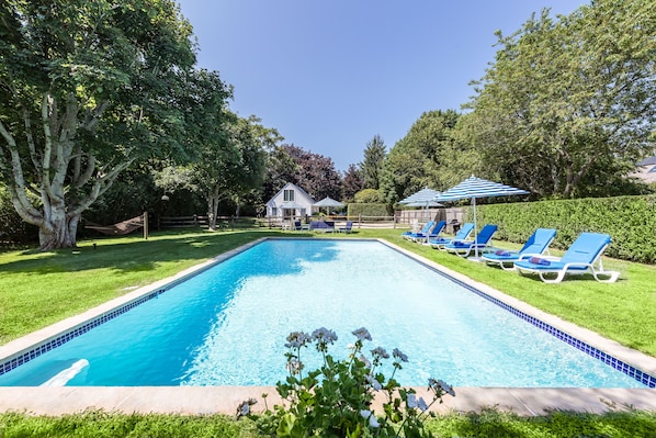 Pool area set into the property.   Very Sunny most of the day and private.