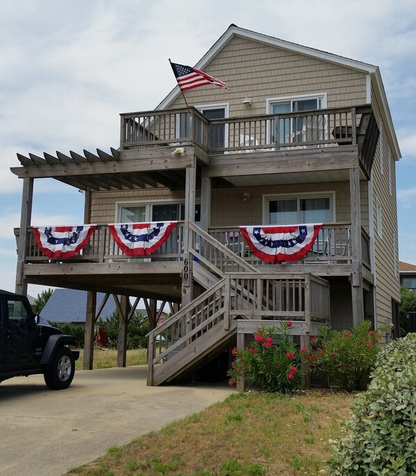 Our house is located at 600 N. Va. Dare Trail, at MP 8 in the heart of  OBX.