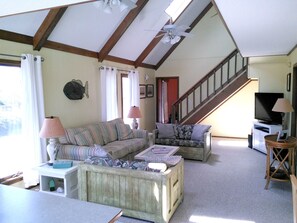 Skylights and ceiling fans above family room