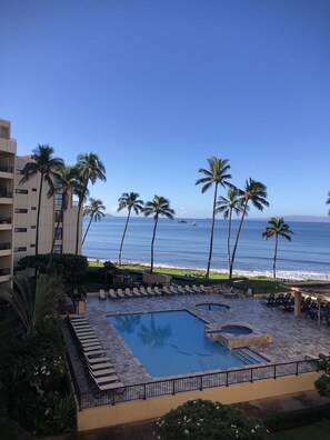 View from our lanai of pool, ocean & Molokini   10/2023