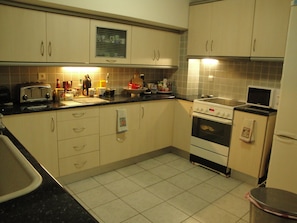 Kitchen with all necessary amenities including dishwasher and large refrigerator 