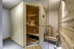 Sauna for deep heat relaxation, with adjacent shower