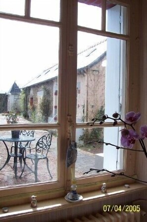 View of the rose filled courtyard from the lounge