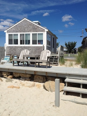 Private deck and sandy beach on the warmest waters of Cape Cod, Nantucket Sound