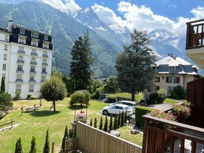 Vue de l'appartement : le jardin, le parking ...et vue sur le Mont-Blanc
