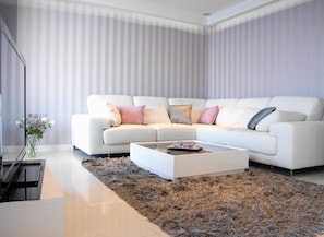 Lounge area with a large sofa, flat screen, satellite TV, DVD and CD player