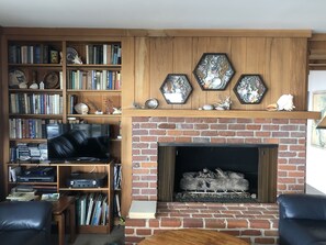 Main floor fireplace and library