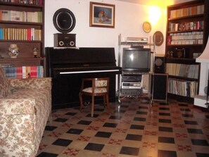 Living room with upright Petrof piano yearly tuned at 440Hz.