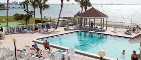 Great view of the Bay and private beach from the heated pool.