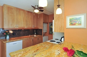 Remodeled kitchen with dishwasher, washer/dryer and cooling fan overhead.