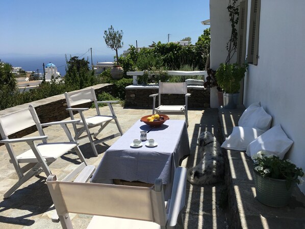 In the shade on the terrace , looking east
