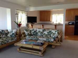 Living room with kitchen behind with Sony Flat Screen TV