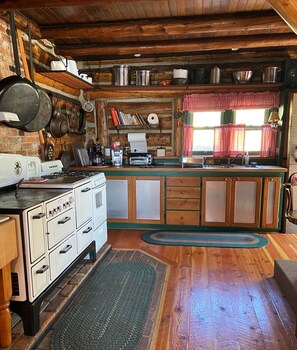 Cast iron pans for the kitchen or the cookhouse. Also non stick pans in cabinet