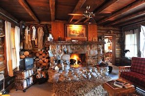 Living Room river rock fireplace