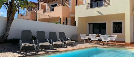 Villa 15 has private pool, sun beds, dining set and is 8 mins walk to the beach