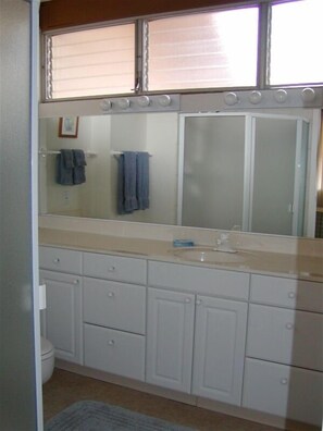 2nd Bath with view of shower enclosure in mirror