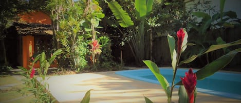 Amplo jardim para descanso, banho de piscina e contato com a natureza