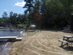 Sandy beach with picnic tables