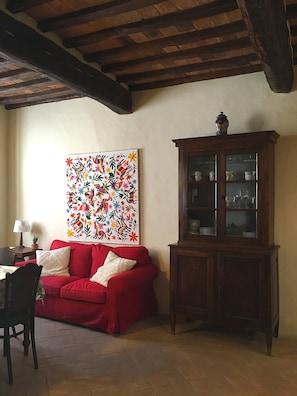 Downstairs kitchen living area, with antique furniture 