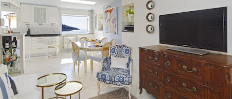 Living/dining area, looking towards Cap Ferat and The Rade of Villefranche
