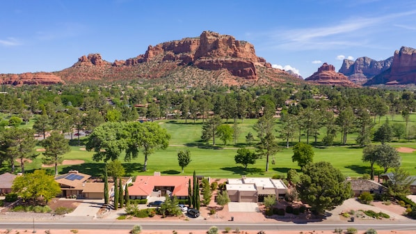 Ariel view with Castlerock, Bell Rock, Courthouse Butte, Catherdrial to the left