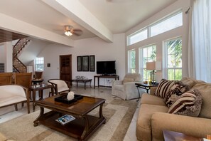 Spacious main living room with ocean views