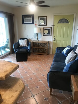 View from kitchen, New ceiling fans