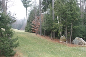 surrounded by woods with access to many hiking/snowshoeing trails right 
