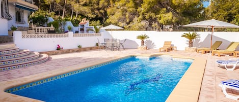 Large private pool area with terrace and casita barbeque