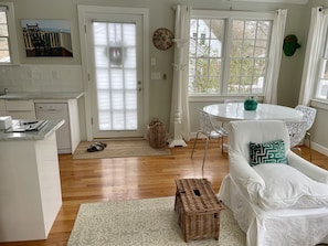 kitchen on the left, looking toward main entry