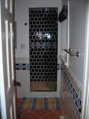 main level walk in shower with old work Aegean blue tile