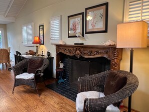 Living room with newly finished hardwood floors.