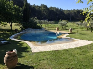 pool edges in natural wooded 15 000m2 garden, meadows with horses ...