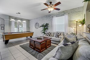 Great place to gather for a game on the 8' professional slate bed pool table.