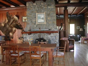 Large fireplace in lodge dinning room