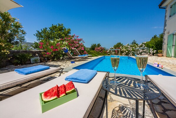 Oleander terrace sundeck by the pool in complete privacy, amazing view & sunset