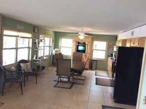 Large fully stocked kitchen great for family meals.