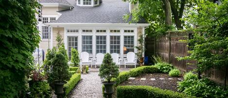 Formal garden with water feature, plenty of shade and sunshine
