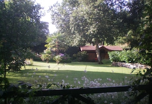Jardin et cabanon vu de la terrasse cuisine