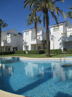 View from the private community garden and swimming pool.