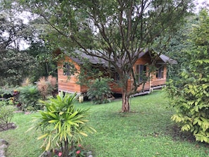 Side, exterior view of cottage.