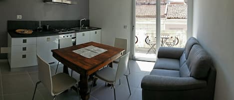 wide living and kitchen room with sofa and balcony (air conditioning)