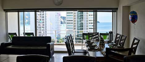 Awesome view from kitchen, dinning room and living room, Sea and skycrapers line
